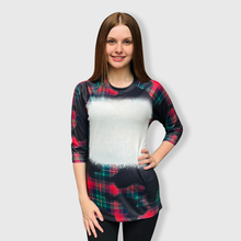 Load image into Gallery viewer, Buffalo Plaid Red Green Raglan Blank Faux Bleached Top (Black)
