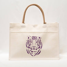 Load image into Gallery viewer, Easy Tiger Jute Pocket Tote   White/Purple   19x14x7.5