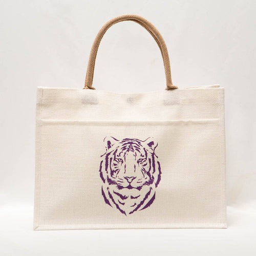 Easy Tiger Jute Pocket Tote   White/Purple   19x14x7.5