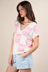 12W3370N-Bow Grapic Knit Summer Sweater Top