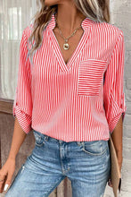 Load image into Gallery viewer, CWTDSS0044_WOMEN&#39;S V-NECK STRIPED PRINTED MID-SLEEVE SHIRT