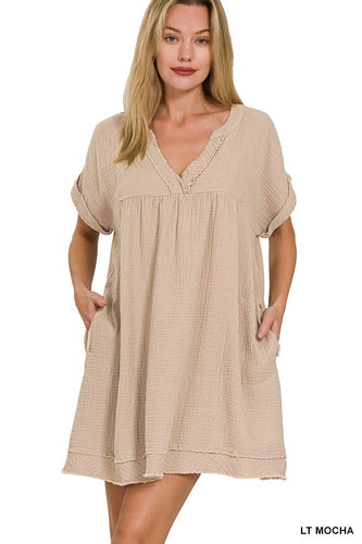 ROLLED SHORT SLEEVE RAW EDGE V-NECK DRESS