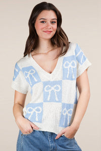 12W3370N-Bow Grapic Knit Summer Sweater Top
