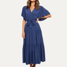 Load image into Gallery viewer, Classic Forever V-Neck Short Sleeve Belted Tiered Midi Dress