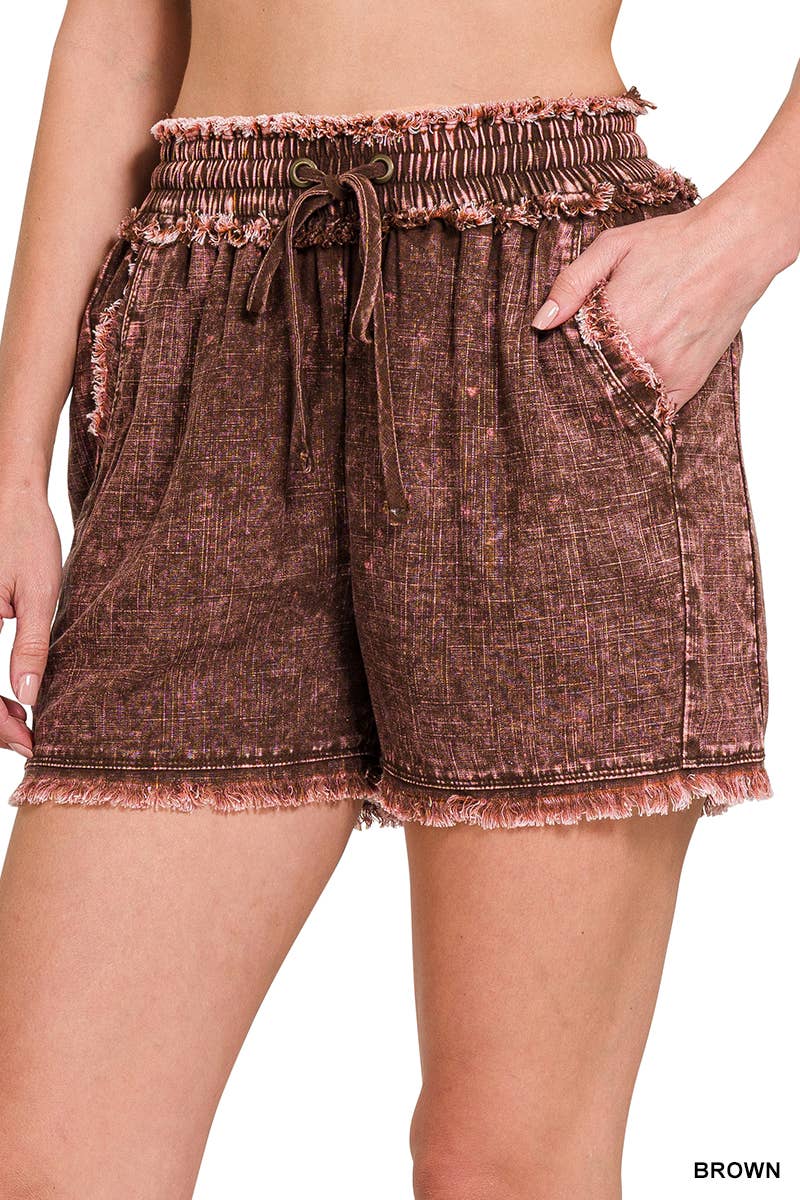 WASHED LINEN FRAYED HEM DRAWSTRING SHORTS WITH PO