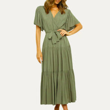Load image into Gallery viewer, Classic Forever V-Neck Short Sleeve Belted Tiered Midi Dress