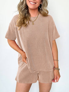 Striped Round Neck Top And Shorts Two-Piece Set
