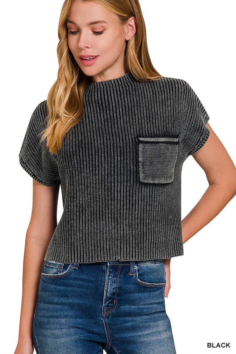 Washed Mock Neck Short Sleeve Cropped Sweater
