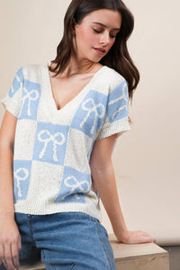 12W3370N-Bow Grapic Knit Summer Sweater Top