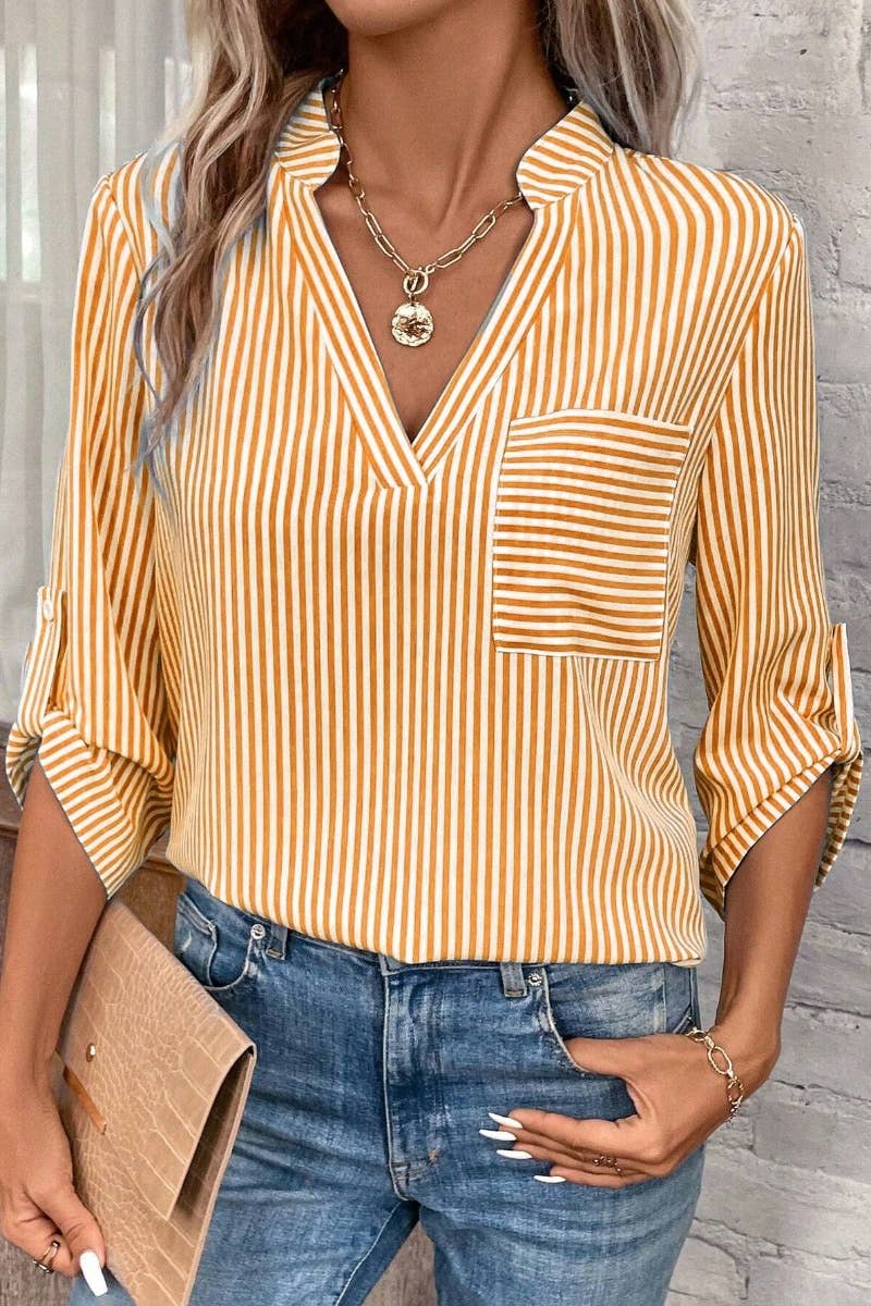 CWTDSS0044_WOMEN'S V-NECK STRIPED PRINTED MID-SLEEVE SHIRT