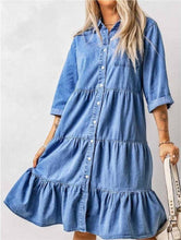 Load image into Gallery viewer, Button ruffles denim shirt dress