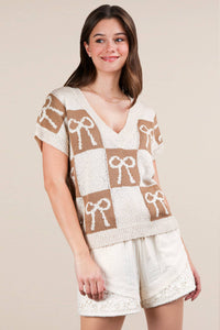 12W3370N-Bow Grapic Knit Summer Sweater Top