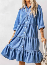 Load image into Gallery viewer, Button ruffles denim shirt dress