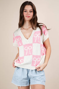 12W3370N-Bow Grapic Knit Summer Sweater Top