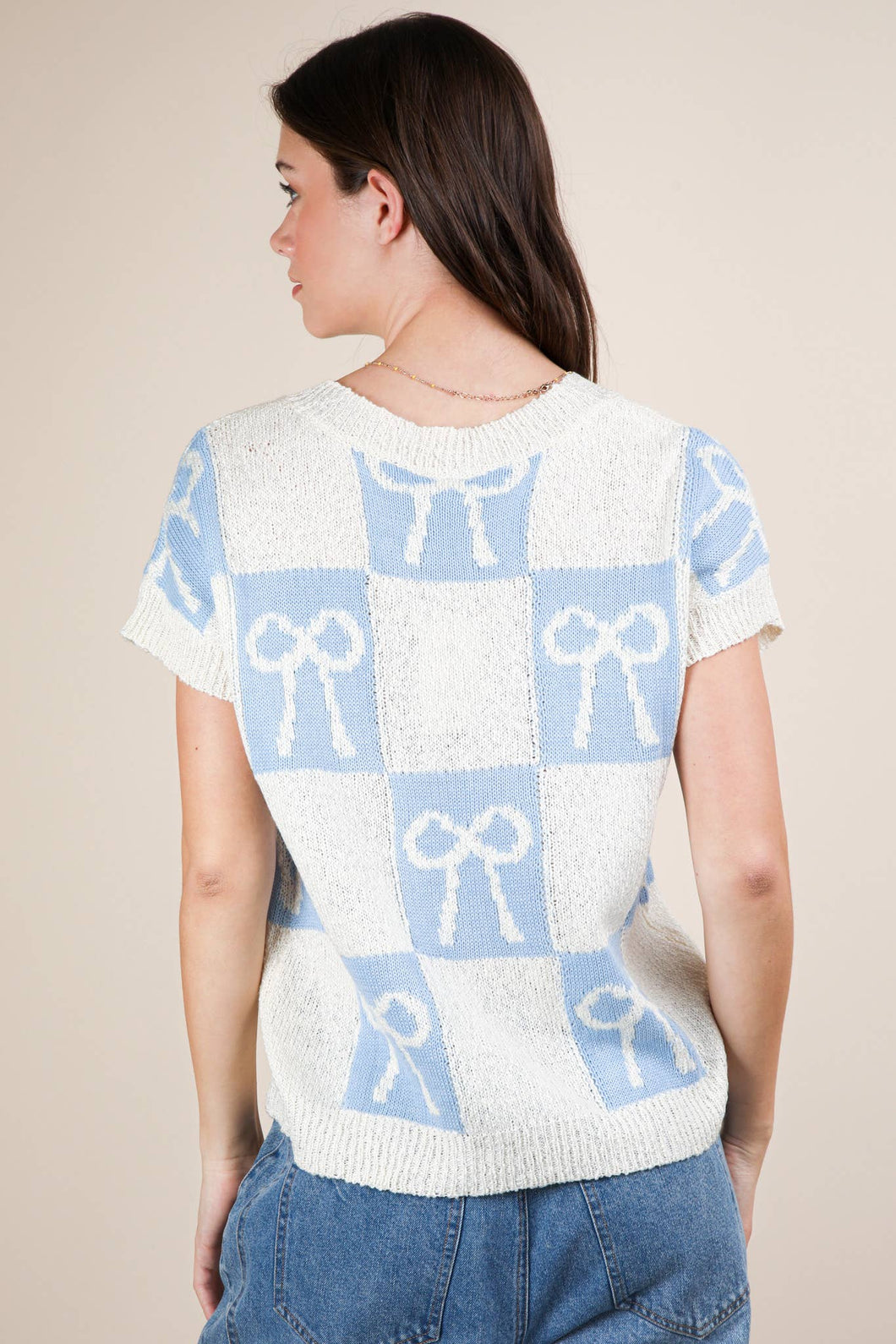 12W3370N-Bow Grapic Knit Summer Sweater Top