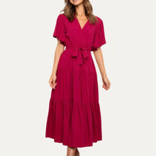 Load image into Gallery viewer, Classic Forever V-Neck Short Sleeve Belted Tiered Midi Dress