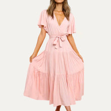 Load image into Gallery viewer, Classic Forever V-Neck Short Sleeve Belted Tiered Midi Dress