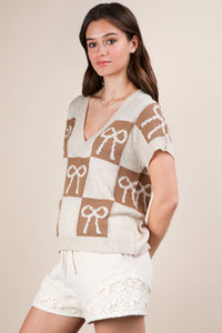 12W3370N-Bow Grapic Knit Summer Sweater Top
