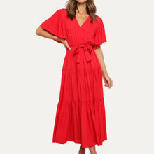 Load image into Gallery viewer, Classic Forever V-Neck Short Sleeve Belted Tiered Midi Dress