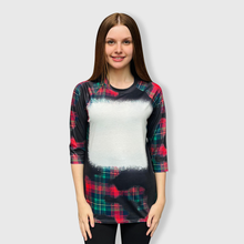 Load image into Gallery viewer, Buffalo Plaid Red Green Raglan Blank Faux Bleached Top (Black)