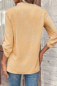 CWTDSS0044_WOMEN'S V-NECK STRIPED PRINTED MID-SLEEVE SHIRT