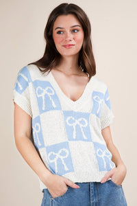 12W3370N-Bow Grapic Knit Summer Sweater Top