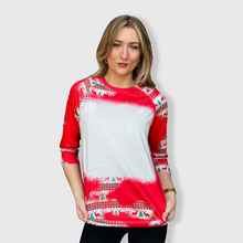 Load image into Gallery viewer, Christmas Red Reindeer Trees Raglan Blank Faux Bleached Top