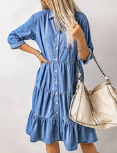 Load image into Gallery viewer, Button ruffles denim shirt dress