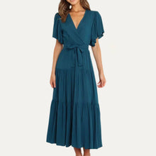 Load image into Gallery viewer, Classic Forever V-Neck Short Sleeve Belted Tiered Midi Dress