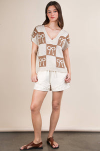 12W3370N-Bow Grapic Knit Summer Sweater Top