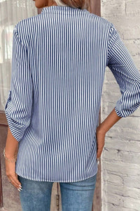 CWTDSS0044_WOMEN'S V-NECK STRIPED PRINTED MID-SLEEVE SHIRT