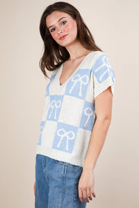 12W3370N-Bow Grapic Knit Summer Sweater Top