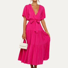 Load image into Gallery viewer, Classic Forever V-Neck Short Sleeve Belted Tiered Midi Dress