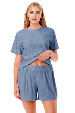 Load image into Gallery viewer, Solid color waved monochrome round neck top with shorts set