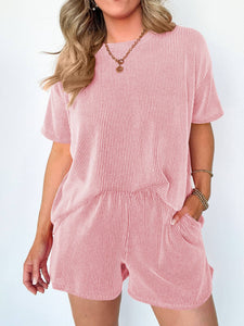 Striped Round Neck Top And Shorts Two-Piece Set