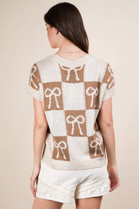 12W3370N-Bow Grapic Knit Summer Sweater Top
