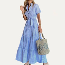 Load image into Gallery viewer, Classic Striped Print Collared Neck Short Sleeve Maxi Dress
