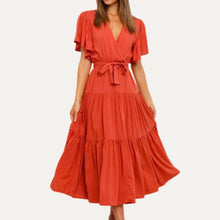 Load image into Gallery viewer, Classic Forever V-Neck Short Sleeve Belted Tiered Midi Dress