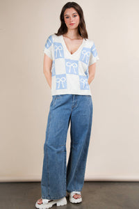 12W3370N-Bow Grapic Knit Summer Sweater Top