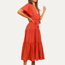 Load image into Gallery viewer, Classic Forever V-Neck Short Sleeve Belted Tiered Midi Dress