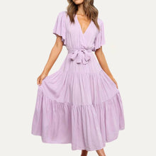 Load image into Gallery viewer, Classic Forever V-Neck Short Sleeve Belted Tiered Midi Dress
