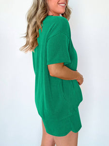 Striped Round Neck Top And Shorts Two-Piece Set