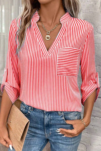 CWTDSS0044_WOMEN'S V-NECK STRIPED PRINTED MID-SLEEVE SHIRT