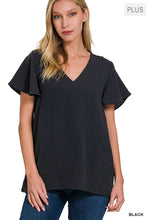 Load image into Gallery viewer, Plus Woven Bubble Airflow Flutter Sleeve Top: 2-2-2 (1XL-2XL-3XL) / BLACK