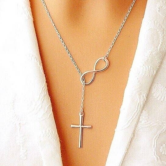 STERLING SILVER Plated INFINITY CROSS LARIAT NECKLACE